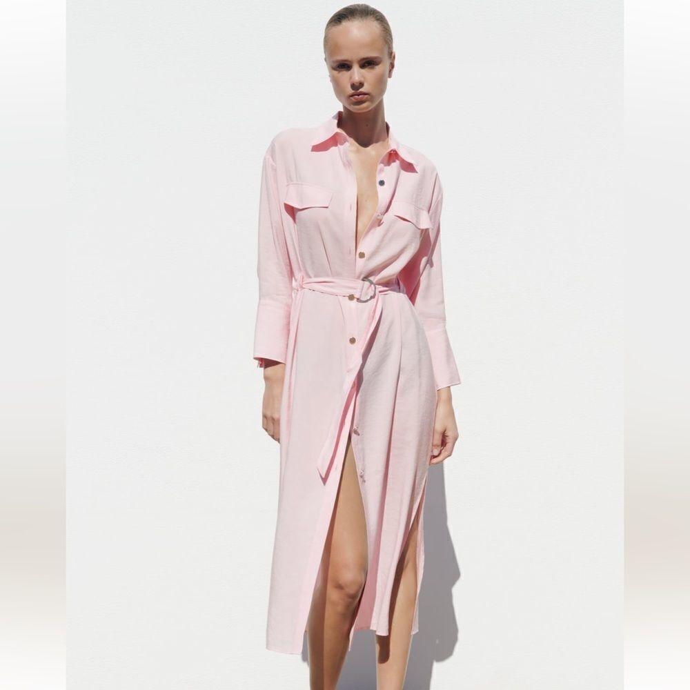 Zara pastel pink belted midi dress NWT